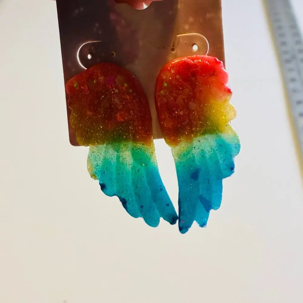 Rainbow Angel Wing Earrings Glitter Resin Statement Fairycore Pride Jewelry